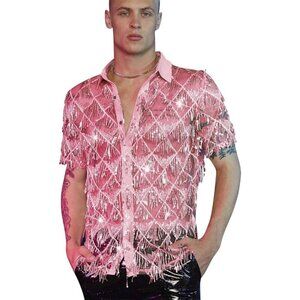 Pink Sequined Fringe Sheer Short Sleeve Party Festival Unisex Snap Shirt Size XL